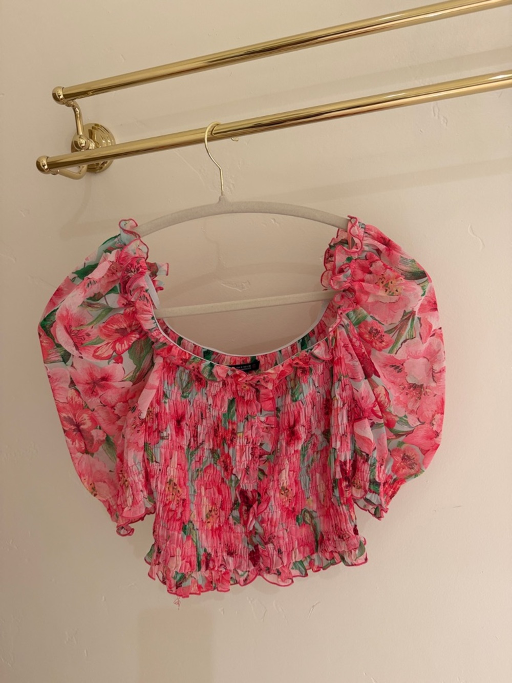 Zara Pink Floral Smocked Off-Shoulder Blouse Small